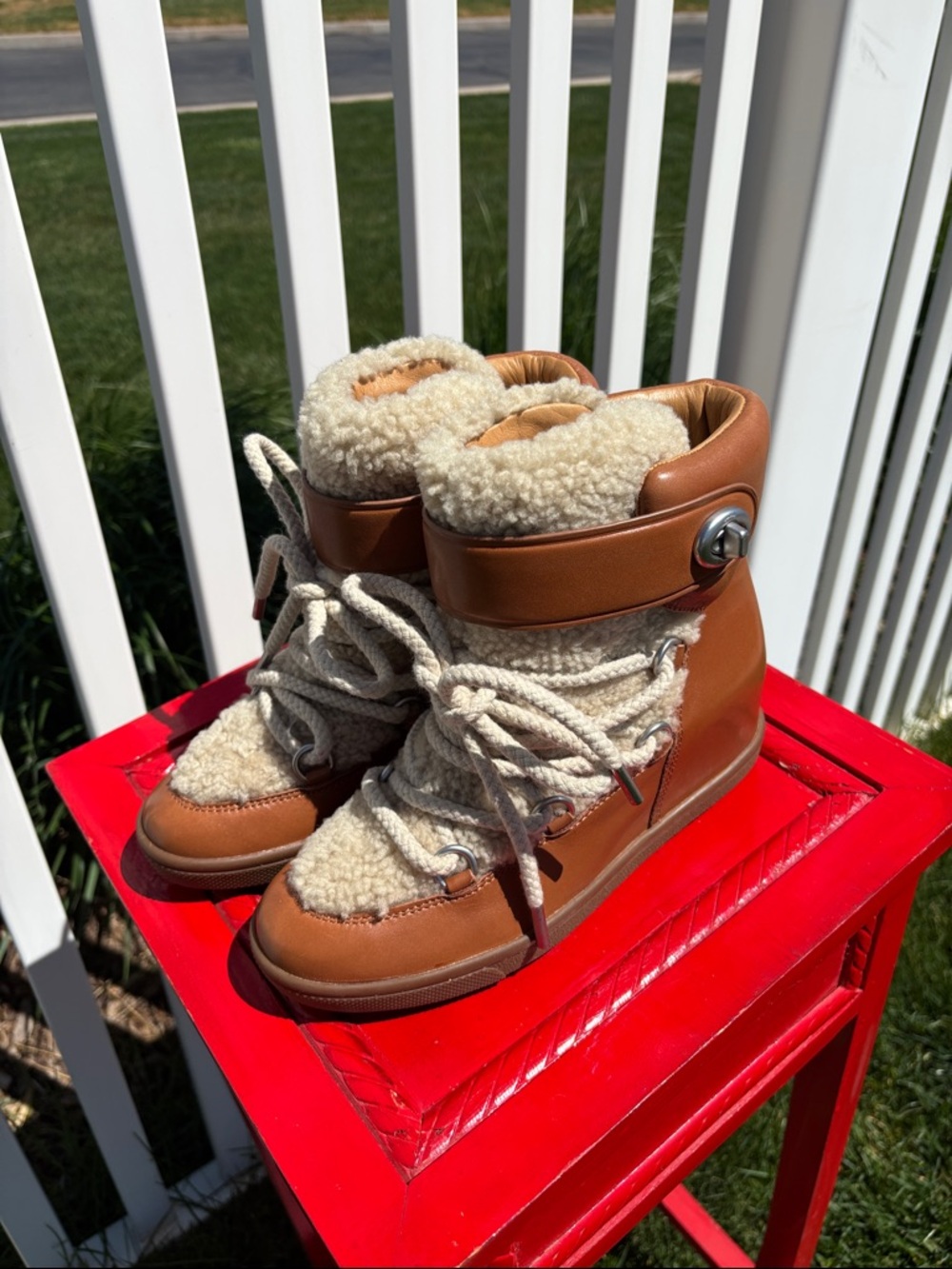 Coach Tan Shearling Monroe Wedge Booties, NWOB, Size 7.5 - Picture 5 of 7